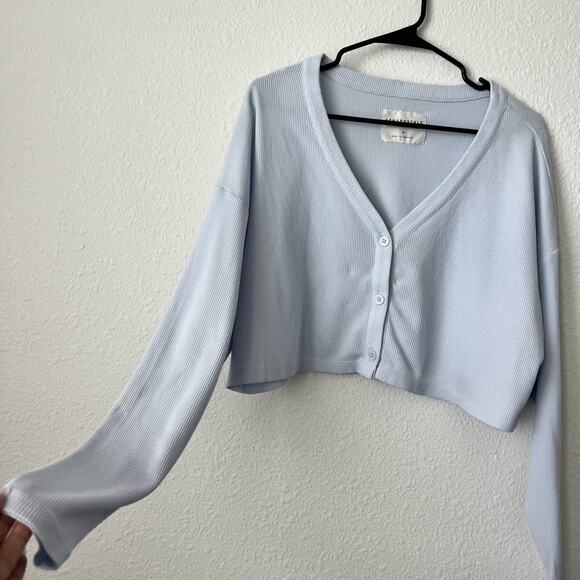 Aeropostale Ribbed Crop Cardigan Light Blue V-Neck Medium - Picture 3 of 4